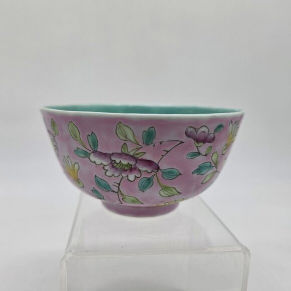 Vintage Chinese Hand Painted Cloisonne Pink Floral Bowl 4.5" - Picture 7 of 8